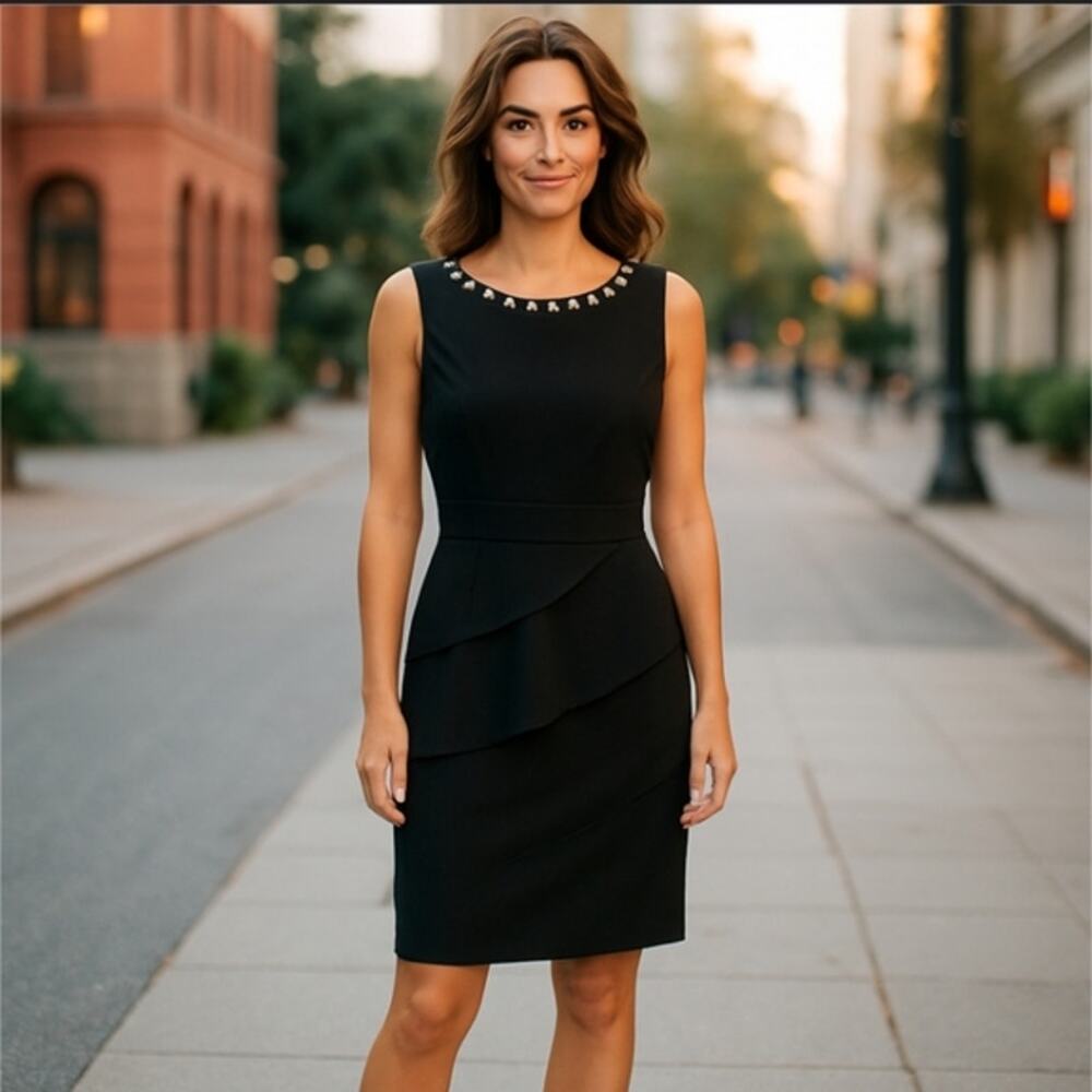 Connected Apparel Black Dress with Bejeweled Neckline NWT